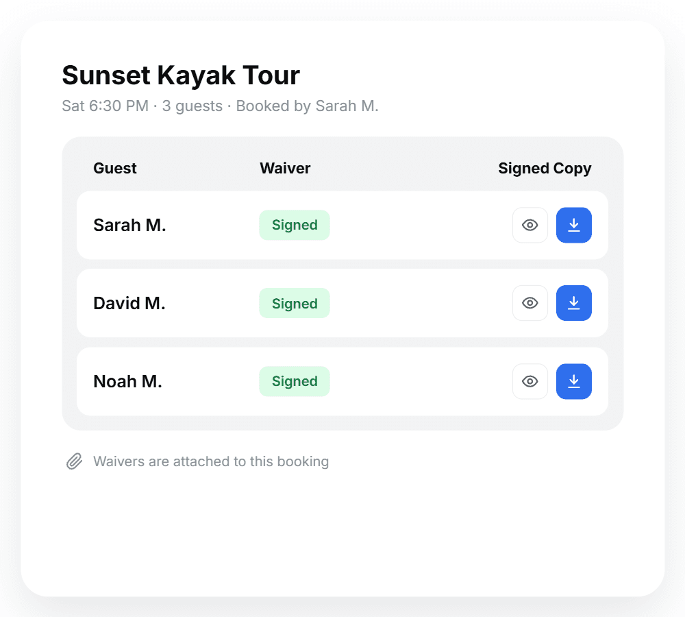 A booking in the BookingTerminal dashboard with each guest's signed waiver attached