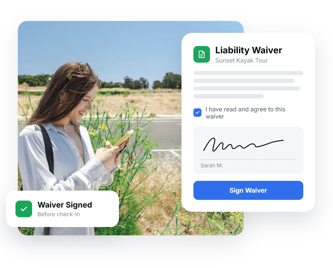 Guest smiling at her phone next to a tour waiver with a signature and a Sign Waiver button