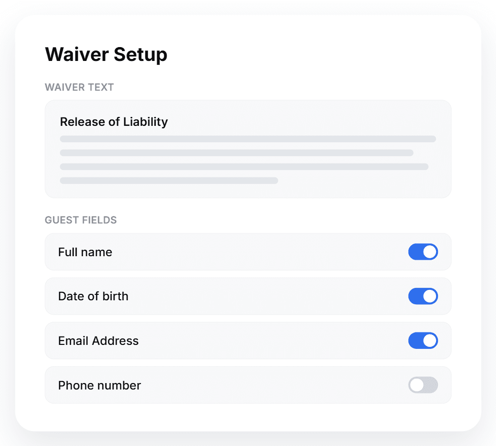 Waiver setup in the BookingTerminal dashboard, showing the operator's release language and a list of preset guest fields